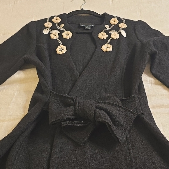 Cynthia Rowley Black Wool Dress Coat with Cream Floral Accents - Picture 8 of 14